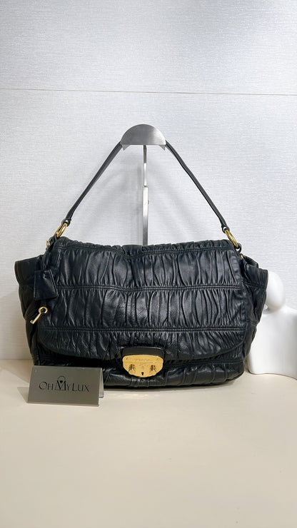 Prada Gaufre Ruched Flap Bag in Black Nappa Leather