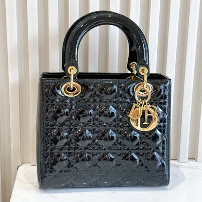 Lady Dior Medium in Black Patent GHW