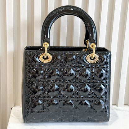 Lady Dior Medium in Black Patent GHW