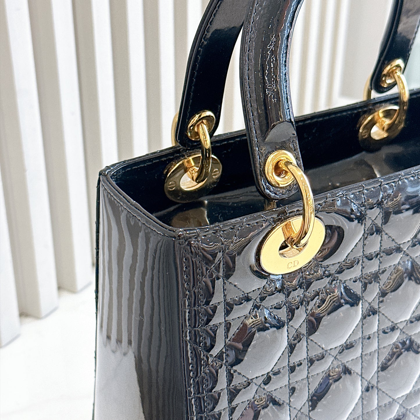 Lady Dior Medium in Black Patent GHW
