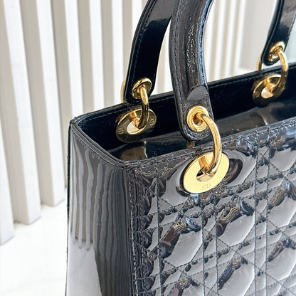 Lady Dior Medium in Black Patent GHW