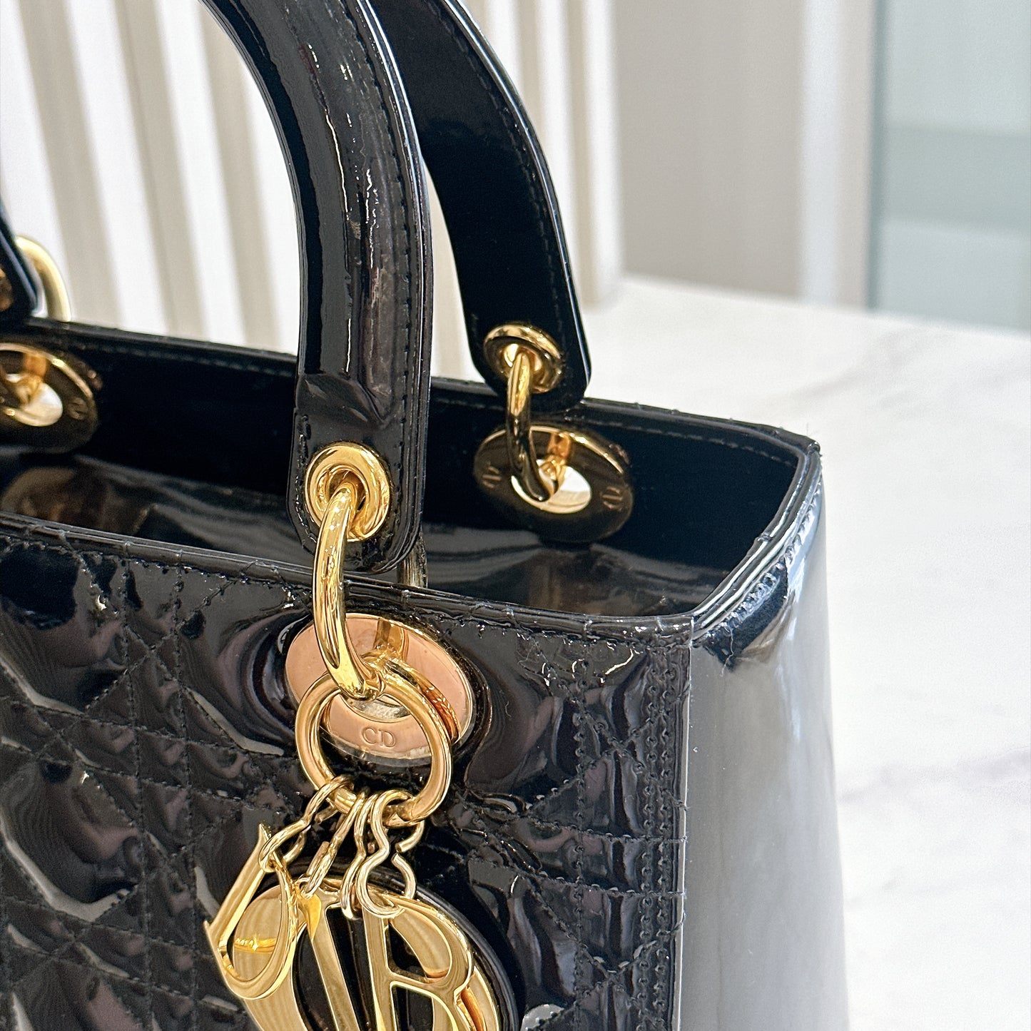 Lady Dior Medium in Black Patent GHW