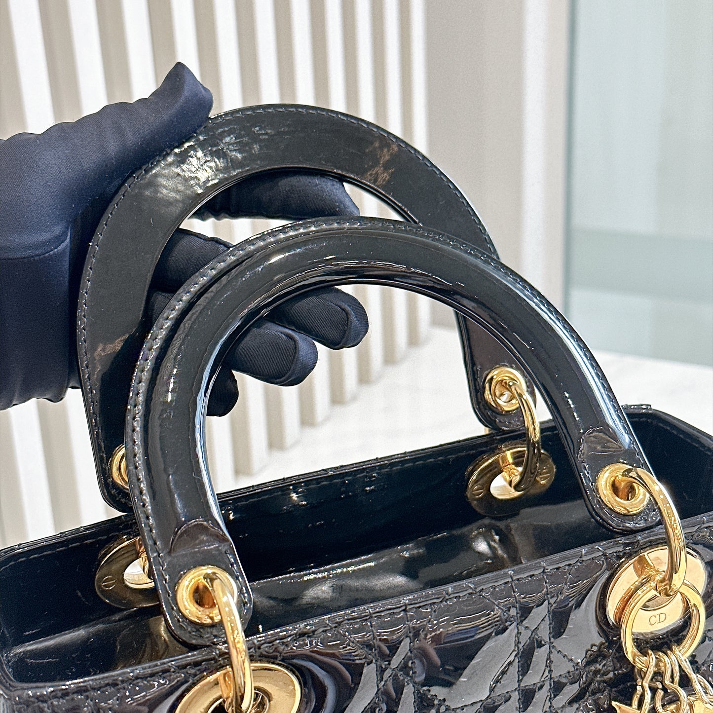 Lady Dior Medium in Black Patent GHW