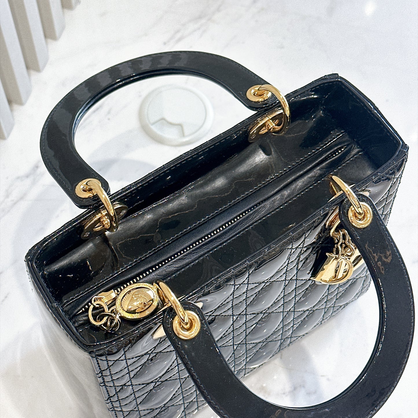 Lady Dior Medium in Black Patent GHW