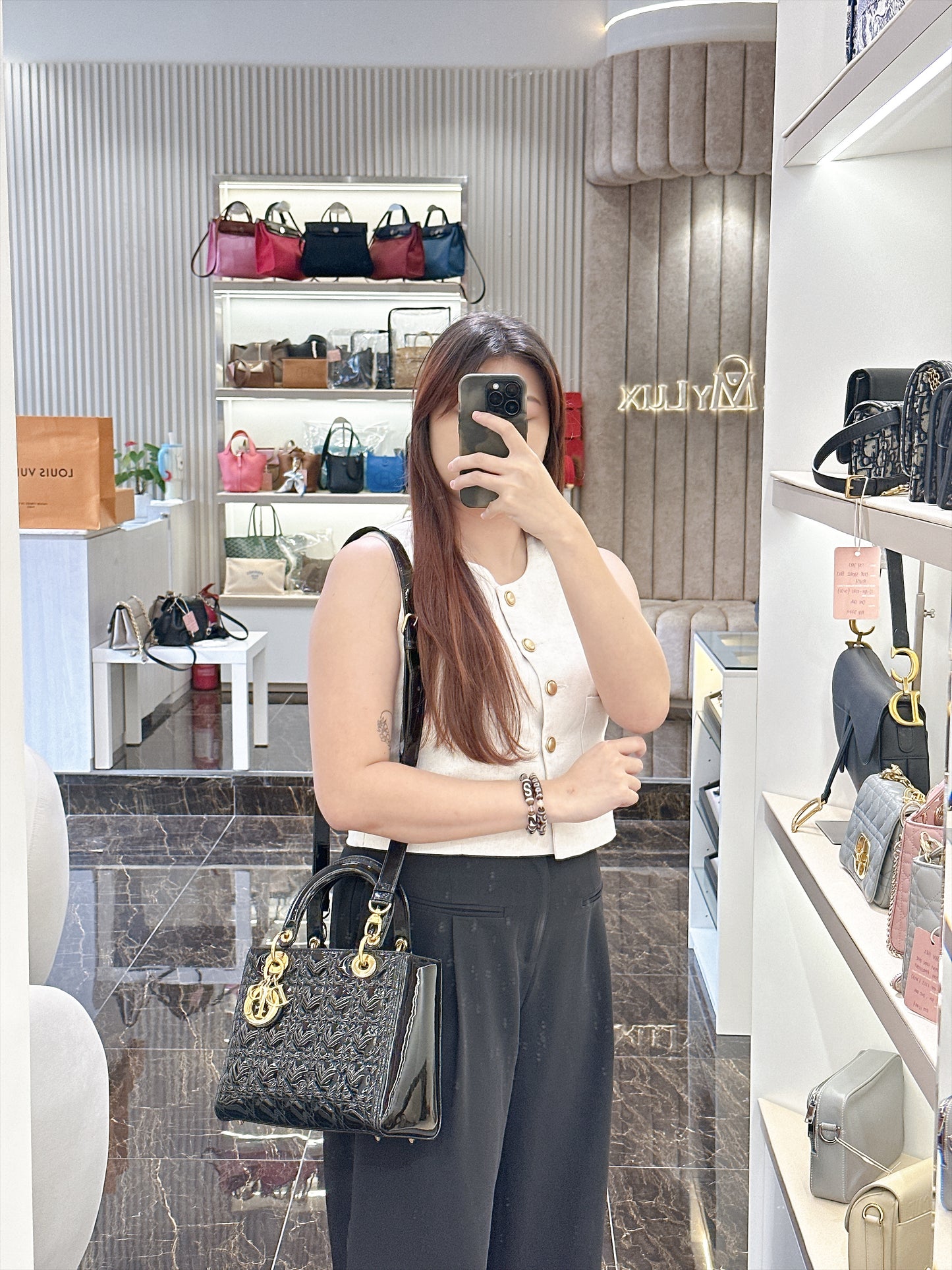 Lady Dior Medium in Black Patent GHW