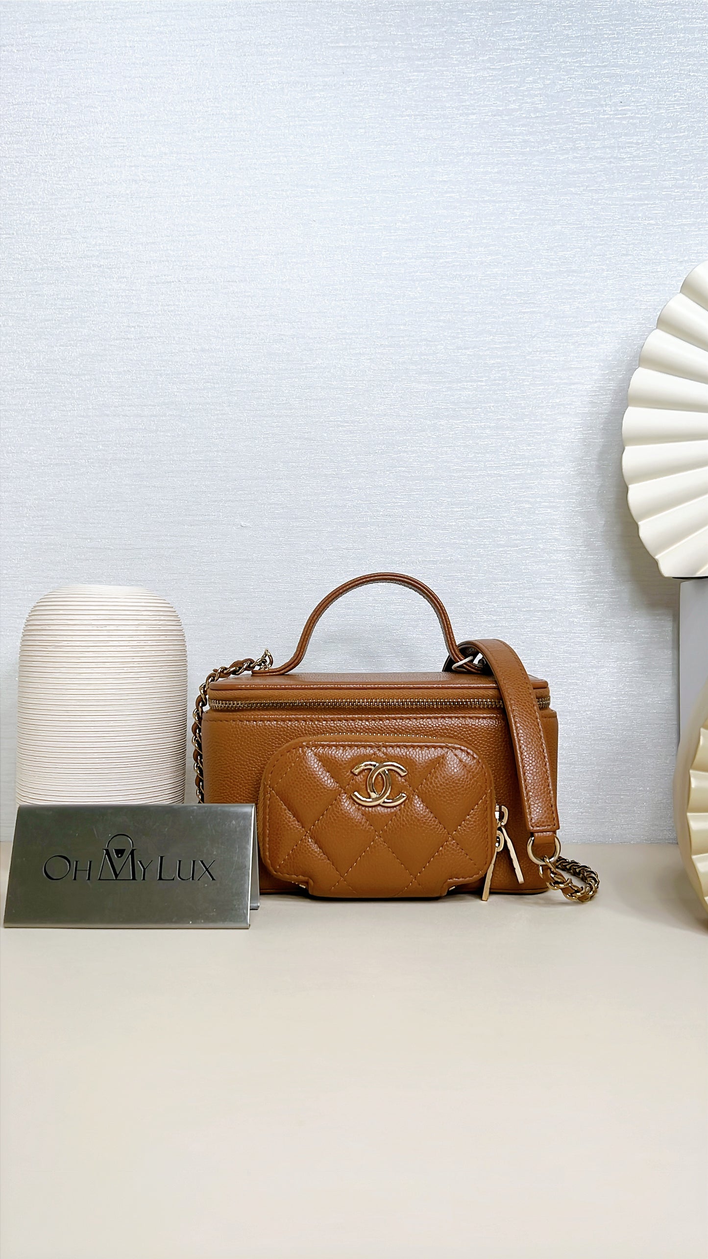 Chanel Caviar Quilted Top Handle Pocket Vanity Case Camel