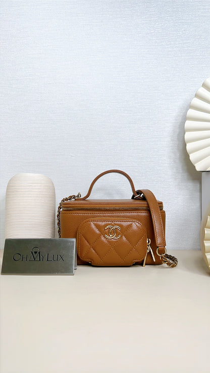 Chanel Caviar Quilted Top Handle Pocket Vanity Case Camel