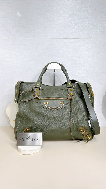Balenciaga Metallic Edges Velo in Vert Lichen Green Chevre Goatskin