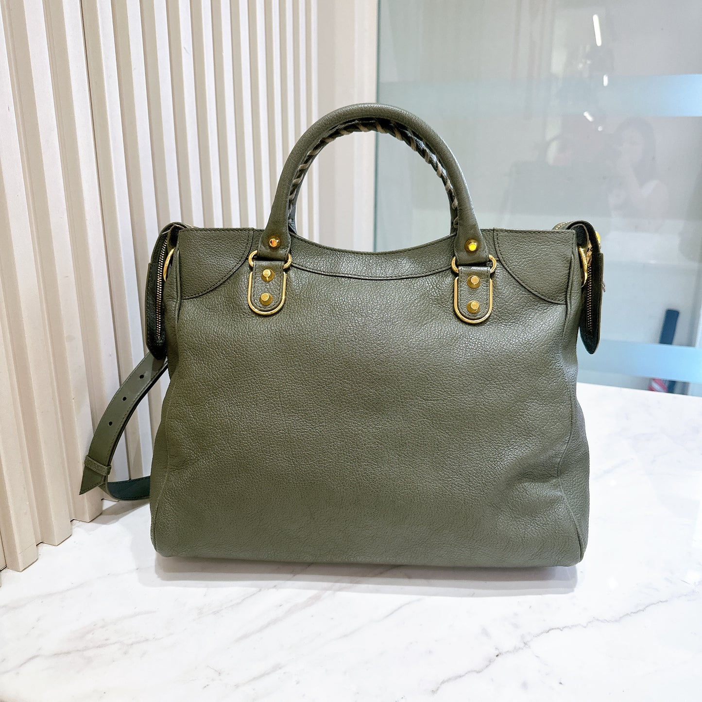 Balenciaga Metallic Edges Velo in Vert Lichen Green Chevre Goatskin