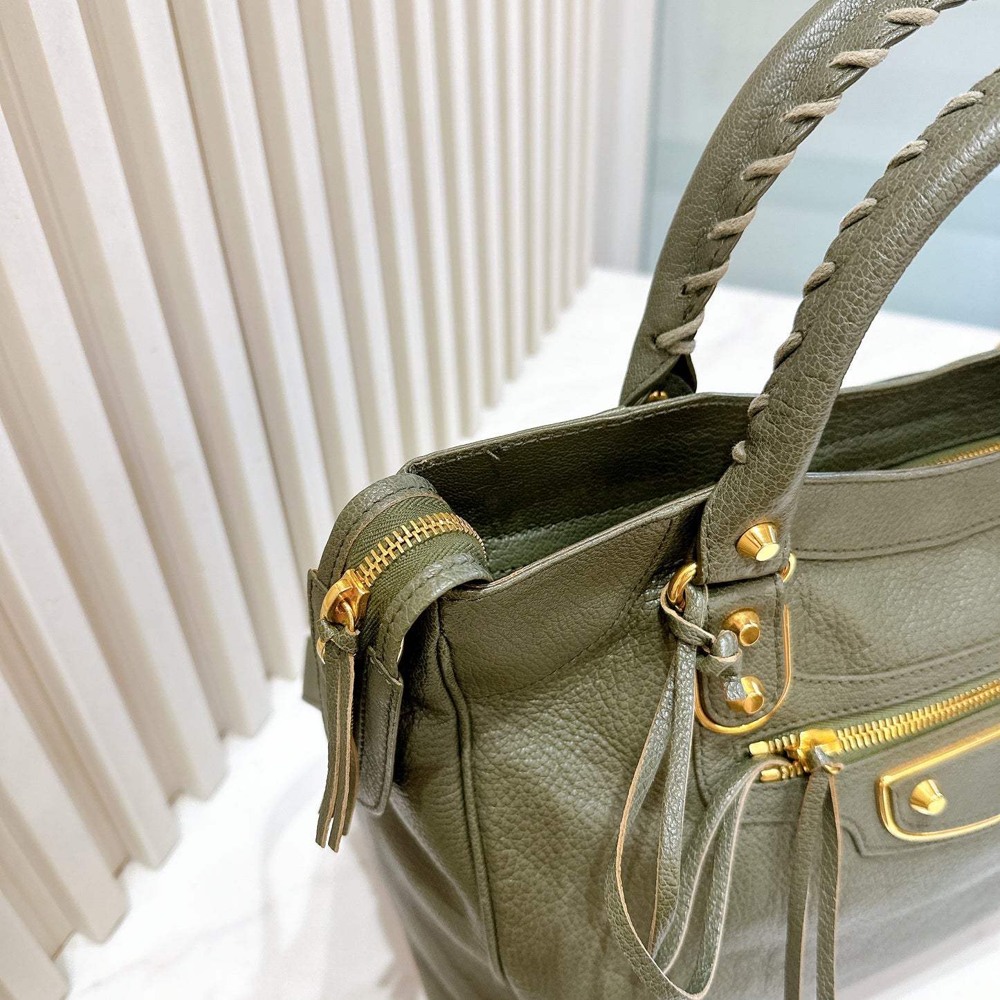 Balenciaga Metallic Edges Velo in Vert Lichen Green Chevre Goatskin