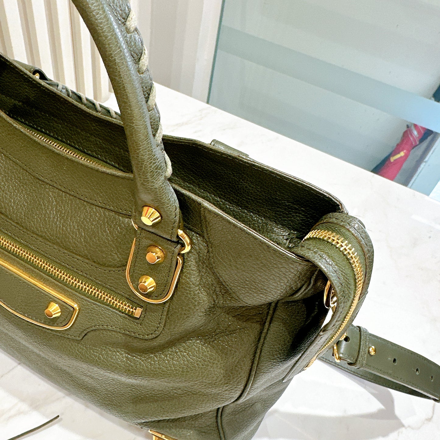 Balenciaga Metallic Edges Velo in Vert Lichen Green Chevre Goatskin