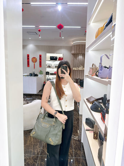 Balenciaga Metallic Edges Velo in Vert Lichen Green Chevre Goatskin
