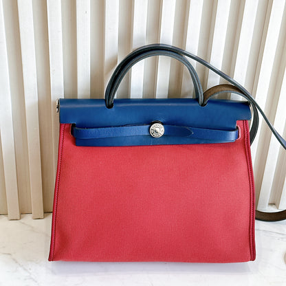 Hermes Herbag Zip 31 in Red Toile Canvas with Blue Leather Accents