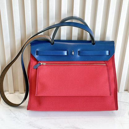 Hermes Herbag Zip 31 in Red Toile Canvas with Blue Leather Accents