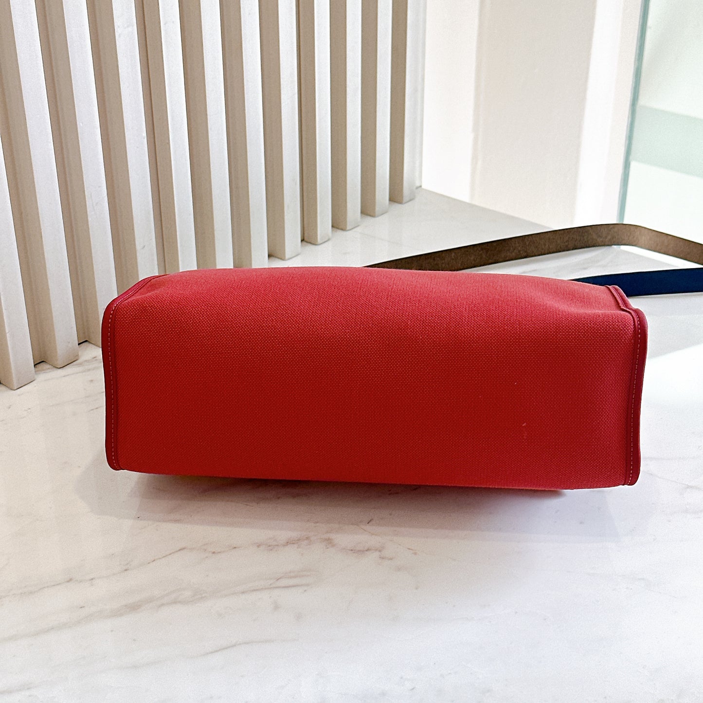 Hermes Herbag Zip 31 in Red Toile Canvas with Blue Leather Accents
