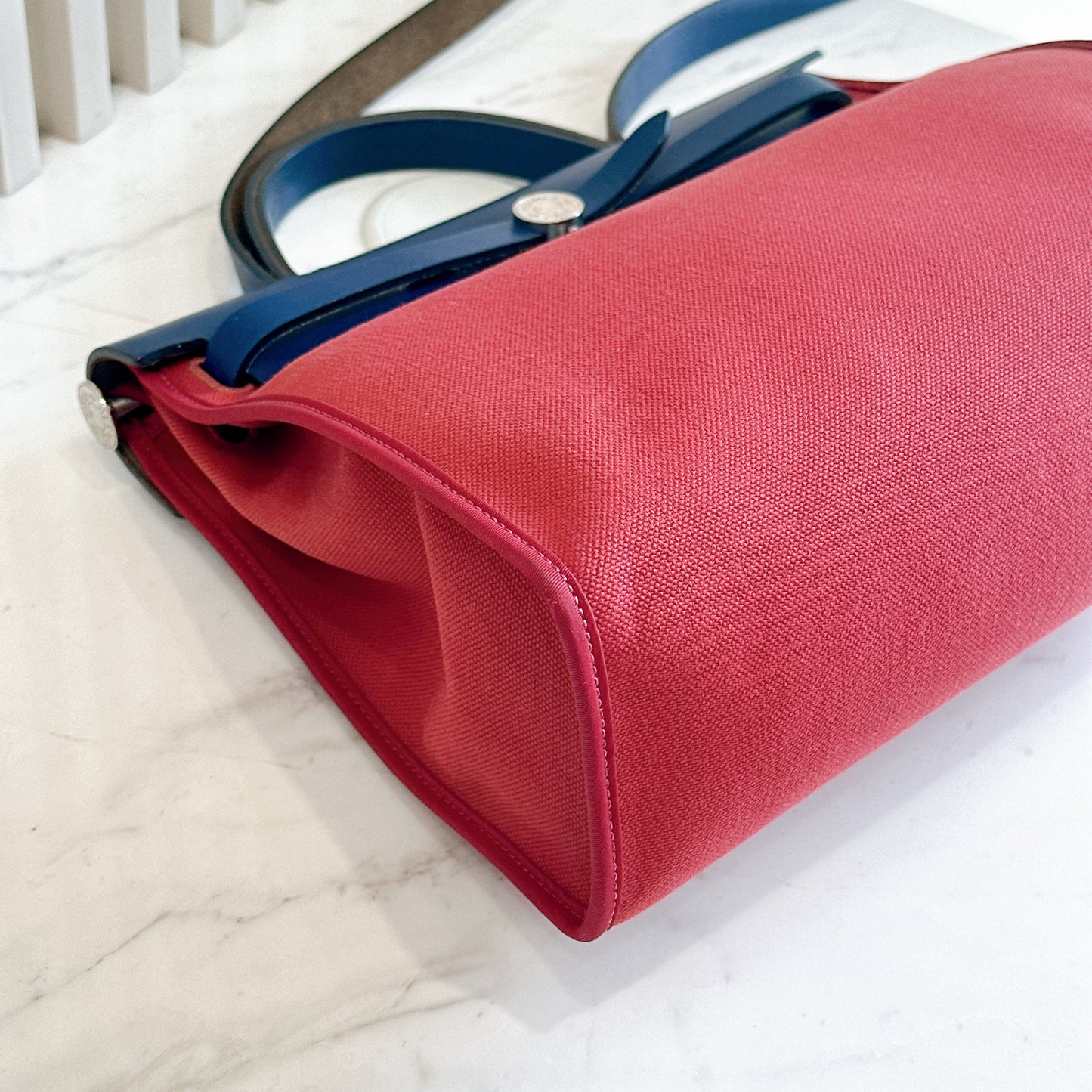 Hermes Herbag Zip 31 in Red Toile Canvas with Blue Leather Accents