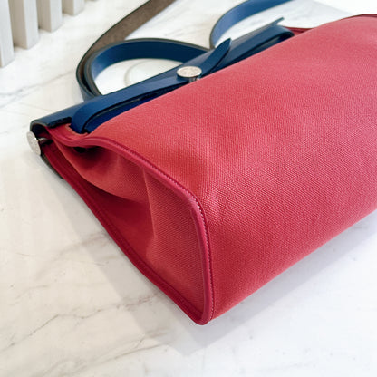 Hermes Herbag Zip 31 in Red Toile Canvas with Blue Leather Accents