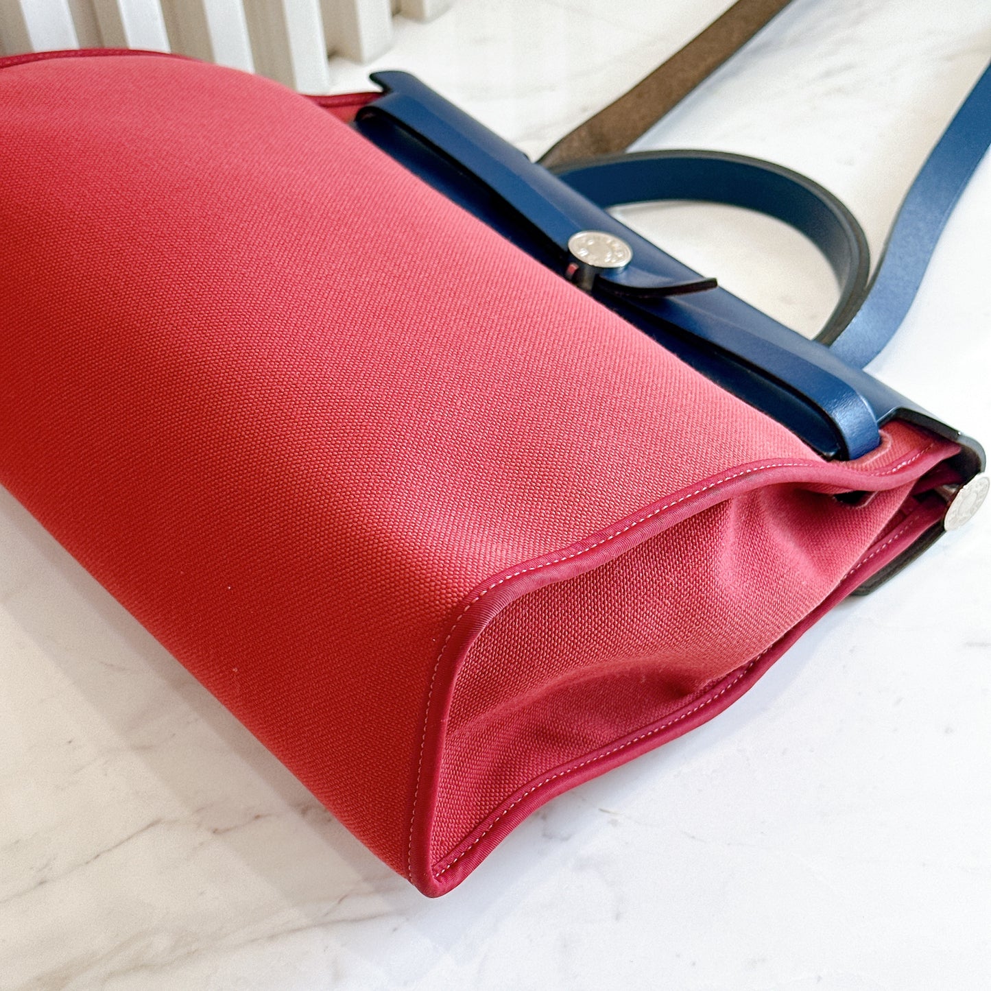 Hermes Herbag Zip 31 in Red Toile Canvas with Blue Leather Accents