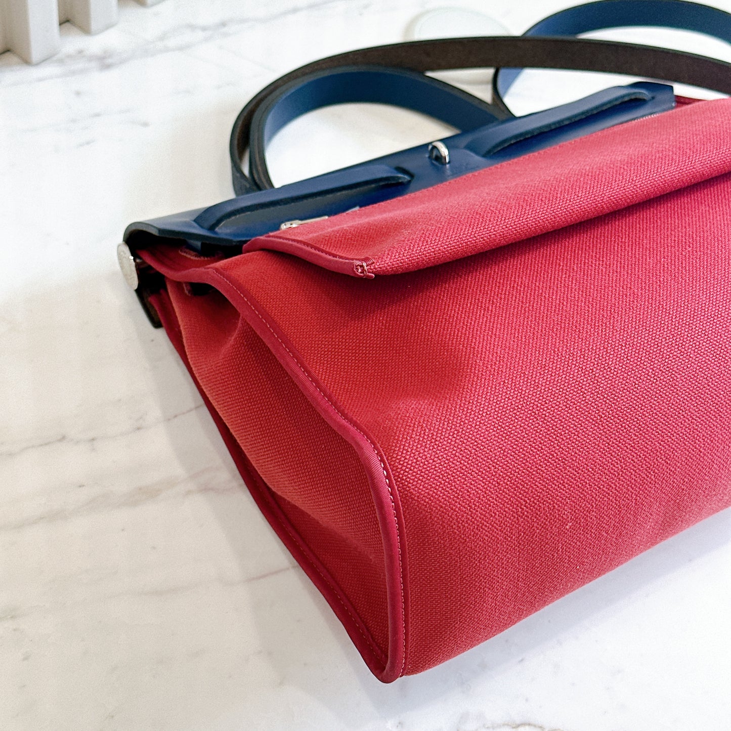 Hermes Herbag Zip 31 in Red Toile Canvas with Blue Leather Accents