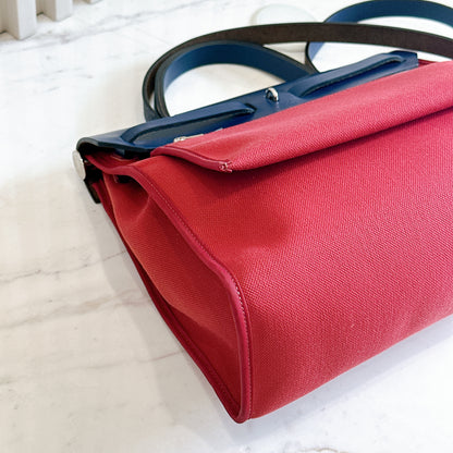 Hermes Herbag Zip 31 in Red Toile Canvas with Blue Leather Accents