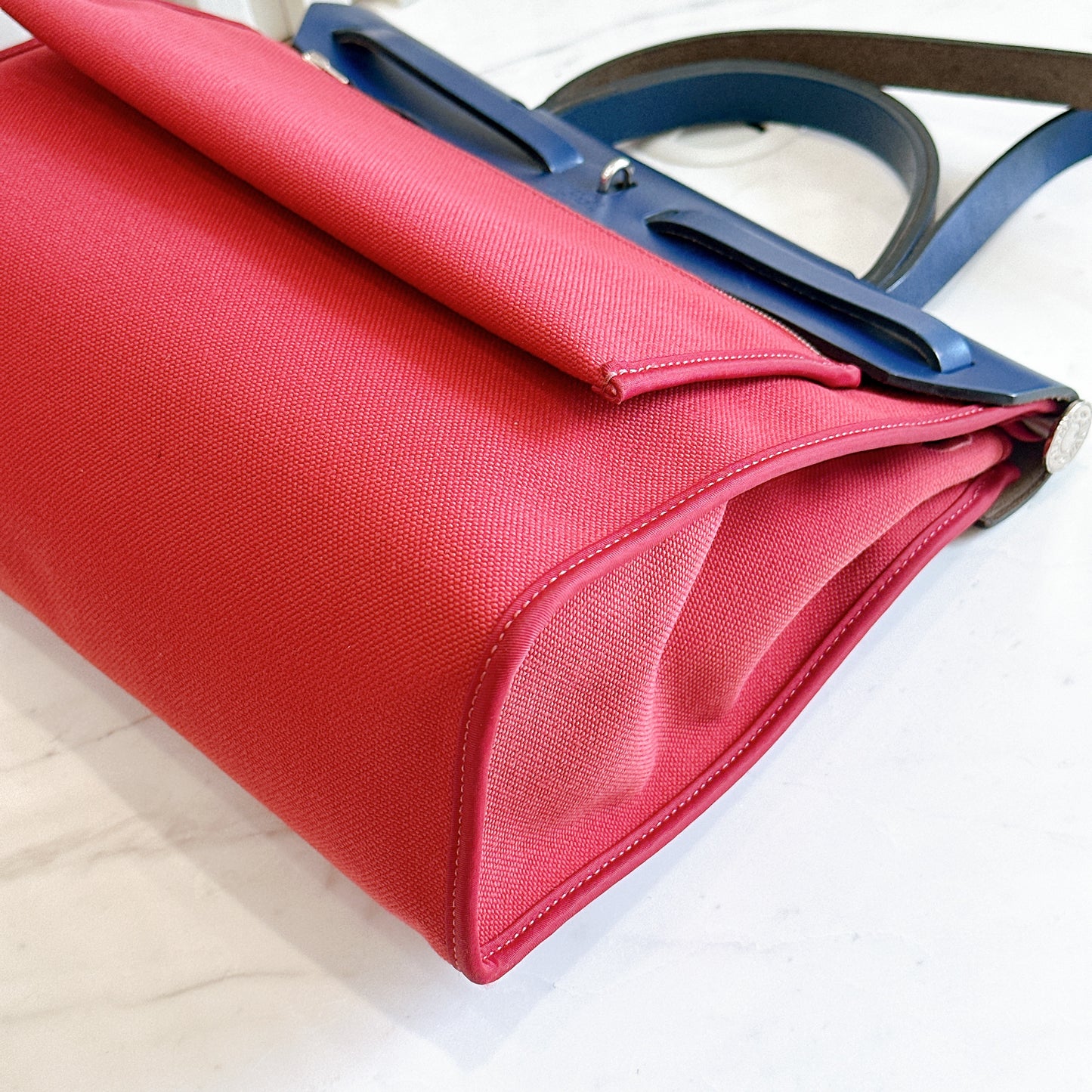 Hermes Herbag Zip 31 in Red Toile Canvas with Blue Leather Accents
