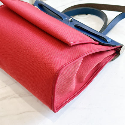 Hermes Herbag Zip 31 in Red Toile Canvas with Blue Leather Accents
