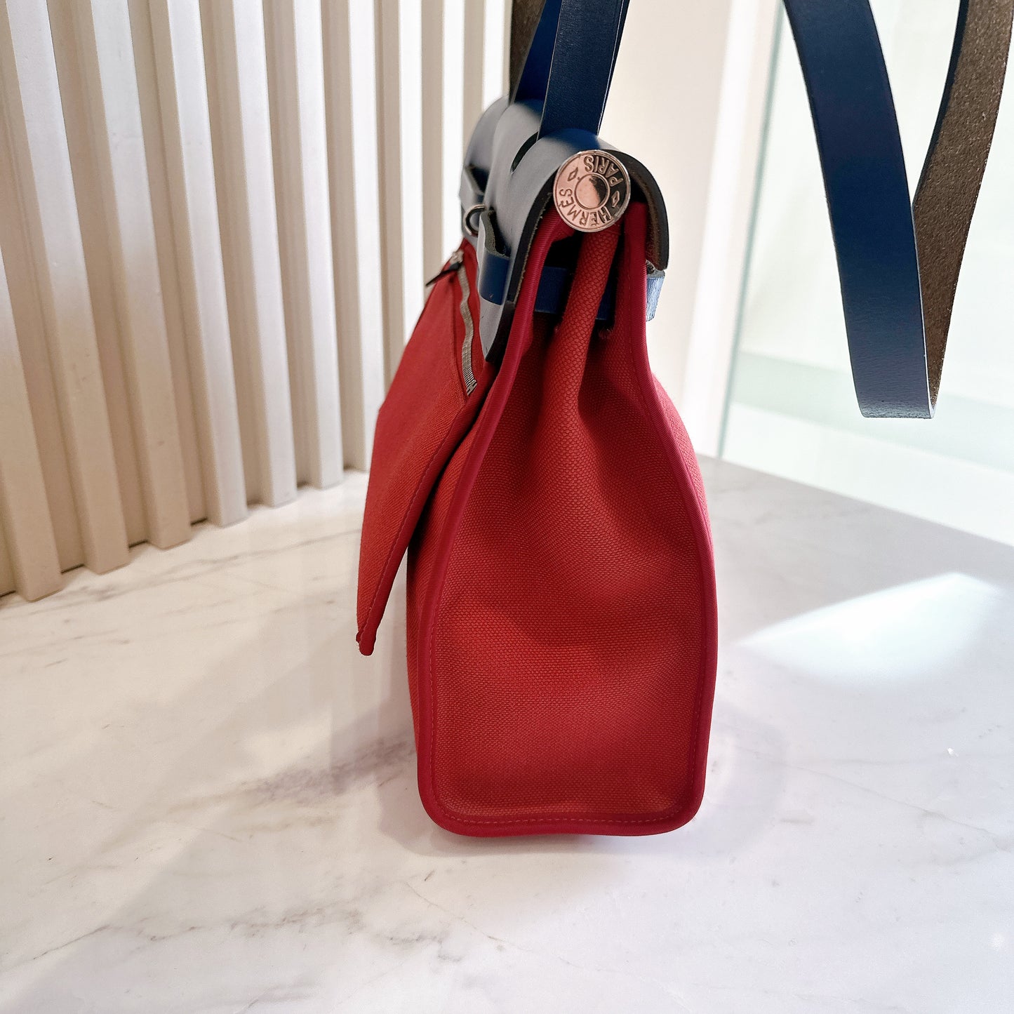 Hermes Herbag Zip 31 in Red Toile Canvas with Blue Leather Accents