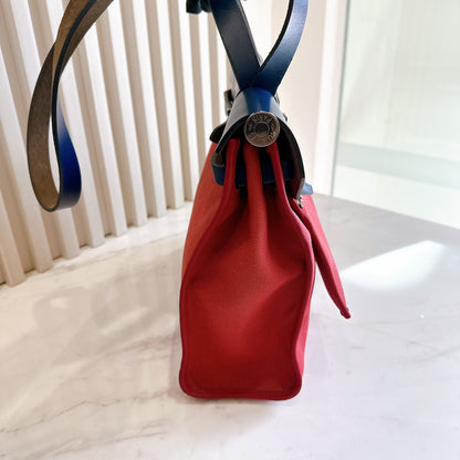 Hermes Herbag Zip 31 in Red Toile Canvas with Blue Leather Accents