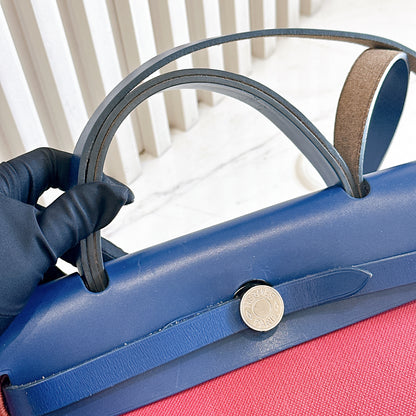 Hermes Herbag Zip 31 in Red Toile Canvas with Blue Leather Accents