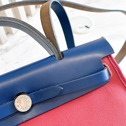 Hermes Herbag Zip 31 in Red Toile Canvas with Blue Leather Accents