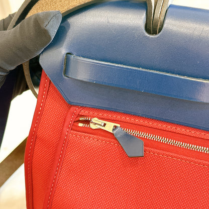 Hermes Herbag Zip 31 in Red Toile Canvas with Blue Leather Accents