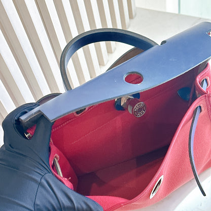 Hermes Herbag Zip 31 in Red Toile Canvas with Blue Leather Accents