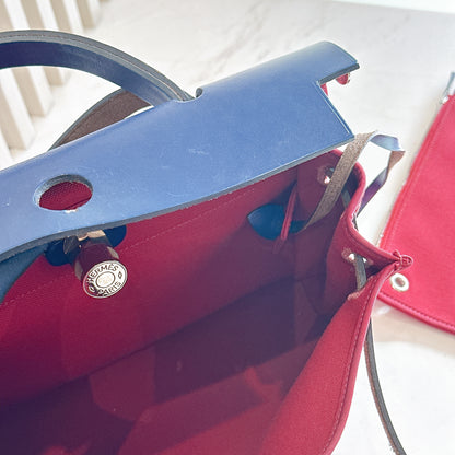 Hermes Herbag Zip 31 in Red Toile Canvas with Blue Leather Accents