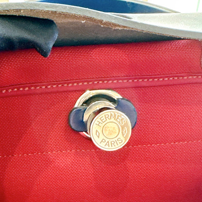 Hermes Herbag Zip 31 in Red Toile Canvas with Blue Leather Accents