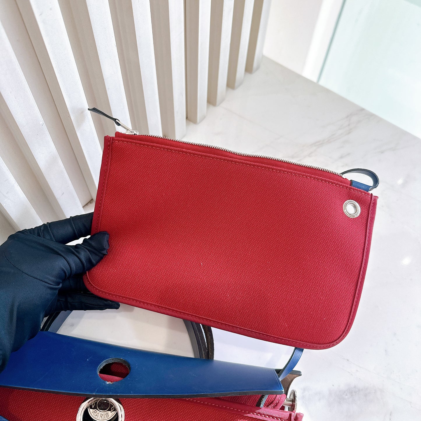 Hermes Herbag Zip 31 in Red Toile Canvas with Blue Leather Accents