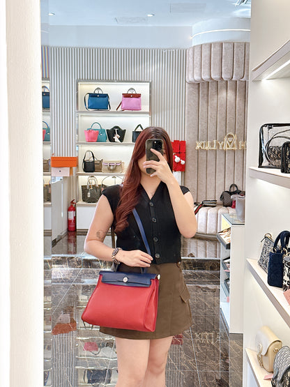 Hermes Herbag Zip 31 in Red Toile Canvas with Blue Leather Accents