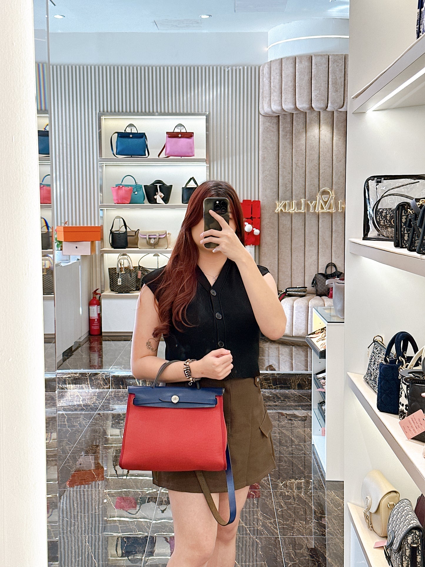 Hermes Herbag Zip 31 in Red Toile Canvas with Blue Leather Accents