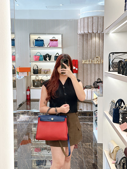 Hermes Herbag Zip 31 in Red Toile Canvas with Blue Leather Accents