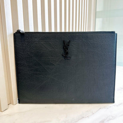 YSL Cassandre Black Crocodile Embossed Zip Pouch