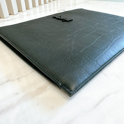 YSL Cassandre Black Crocodile Embossed Zip Pouch