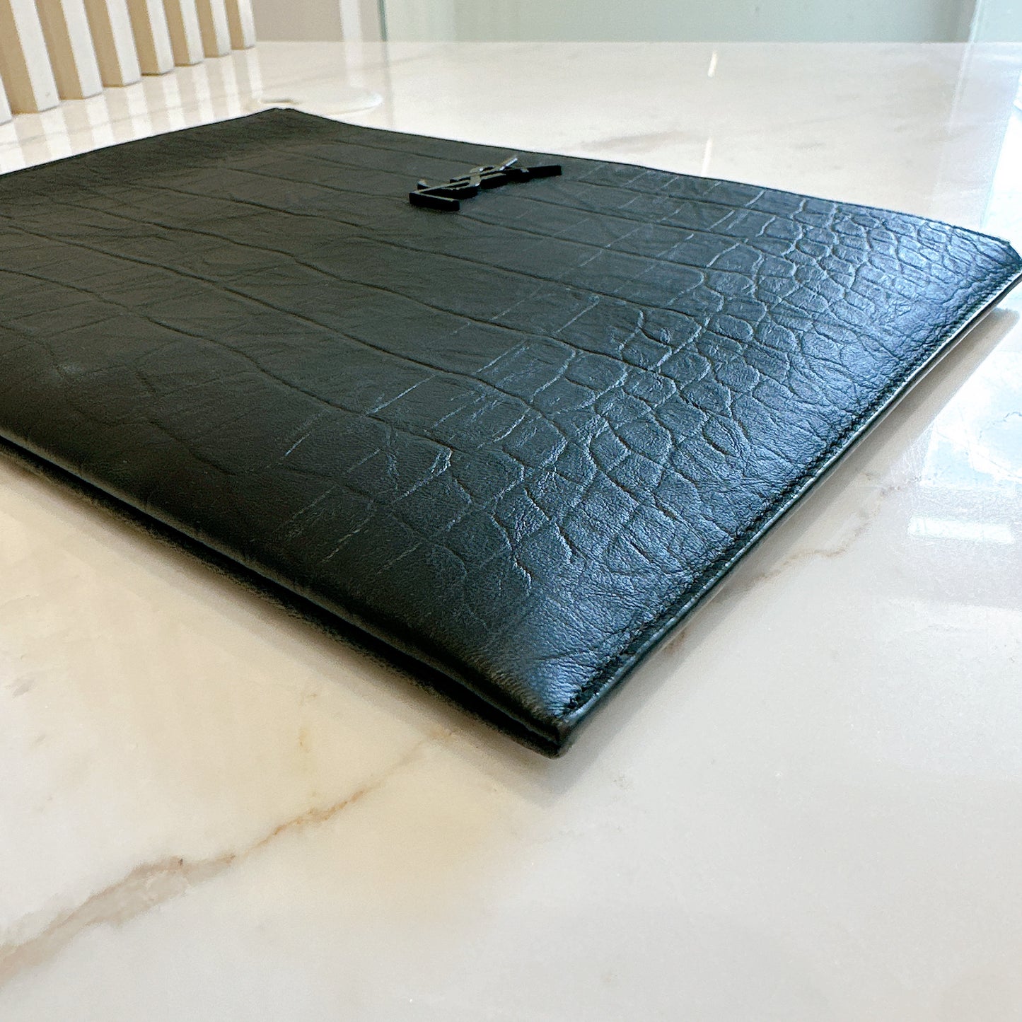 YSL Cassandre Black Crocodile Embossed Zip Pouch