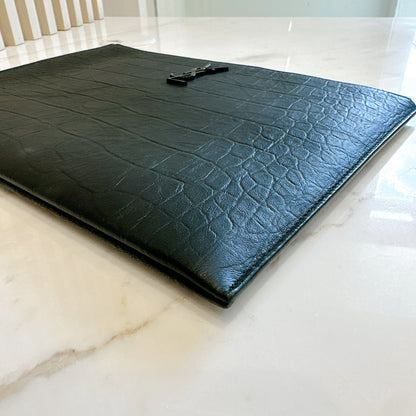 YSL Cassandre Black Crocodile Embossed Zip Pouch