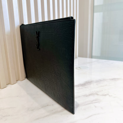 YSL Cassandre Black Crocodile Embossed Zip Pouch