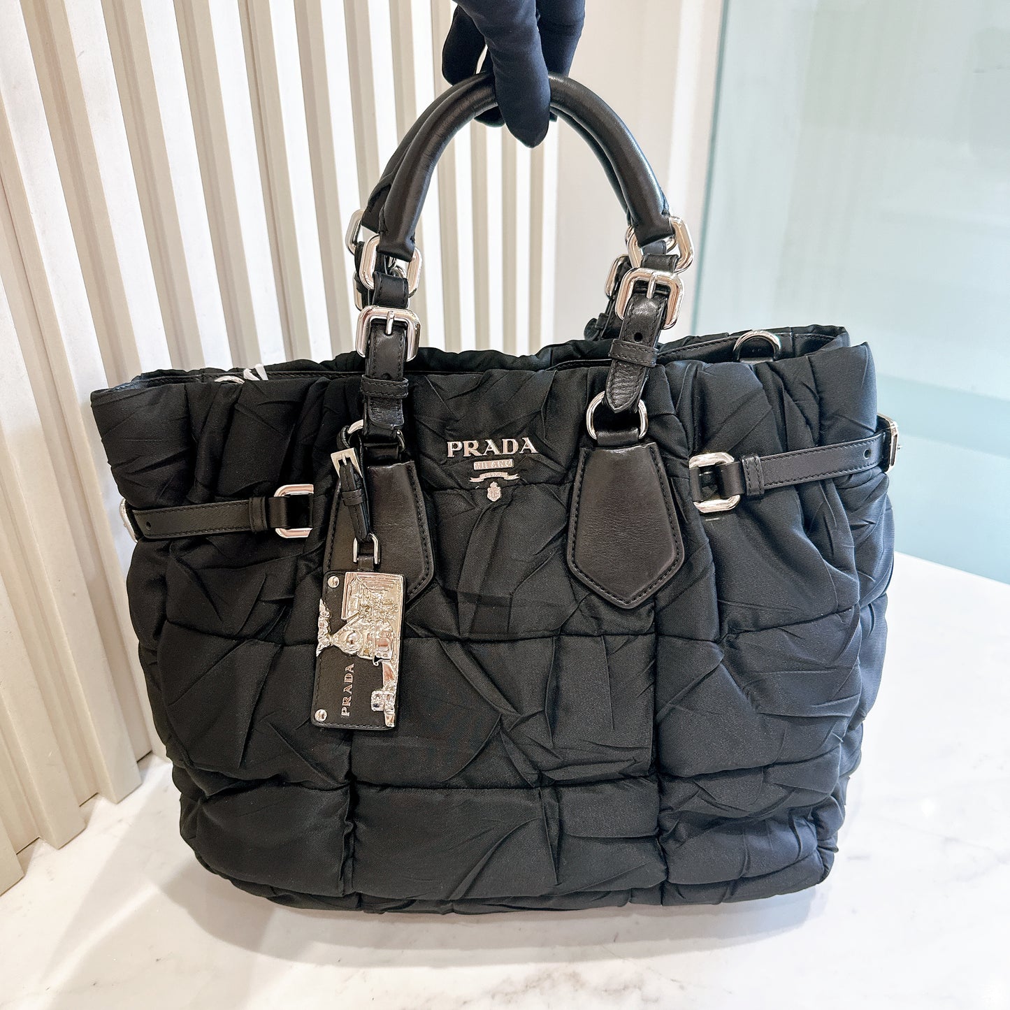 Prada Crispy Nylon Metal Shopping Tote in Black