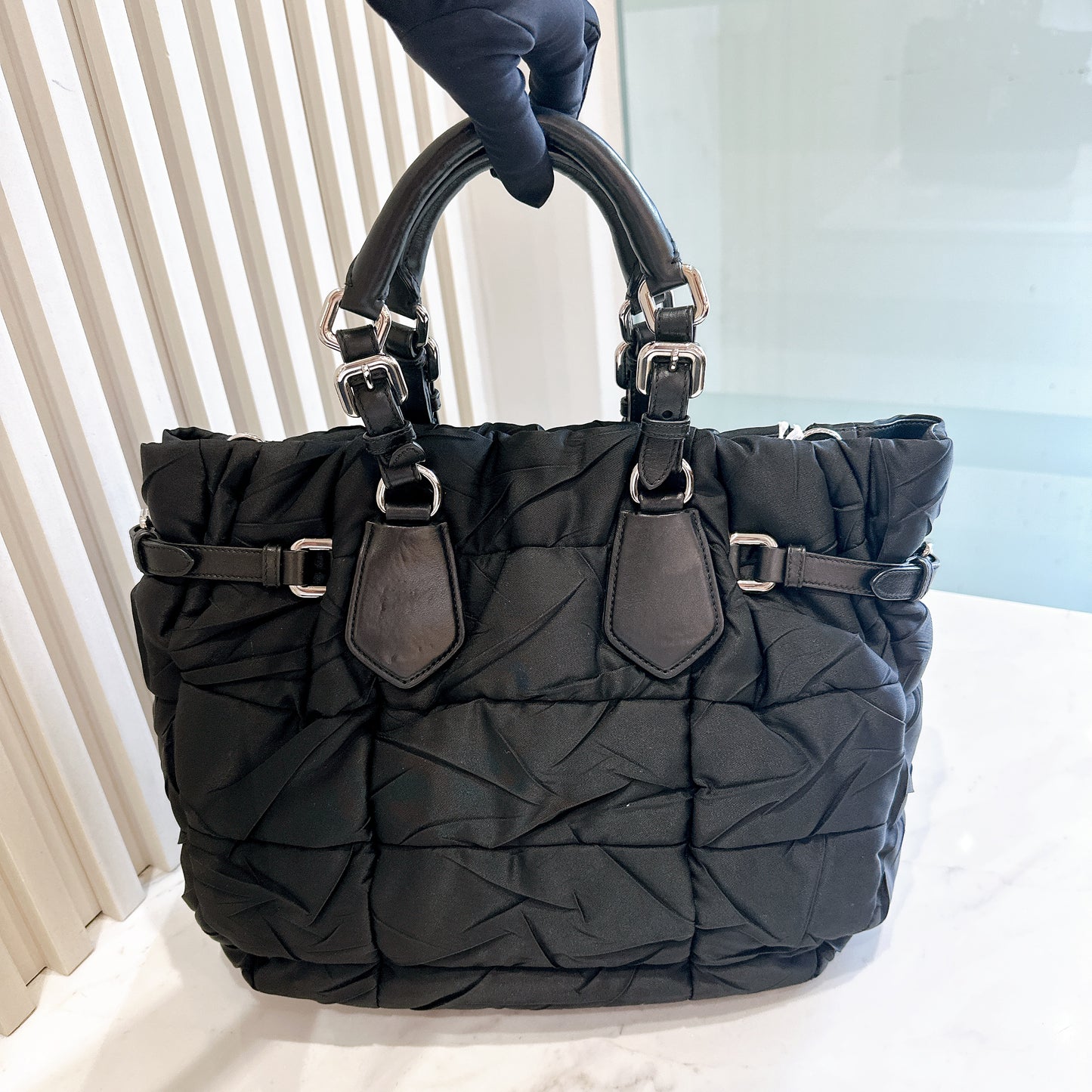 Prada Crispy Nylon Metal Shopping Tote in Black