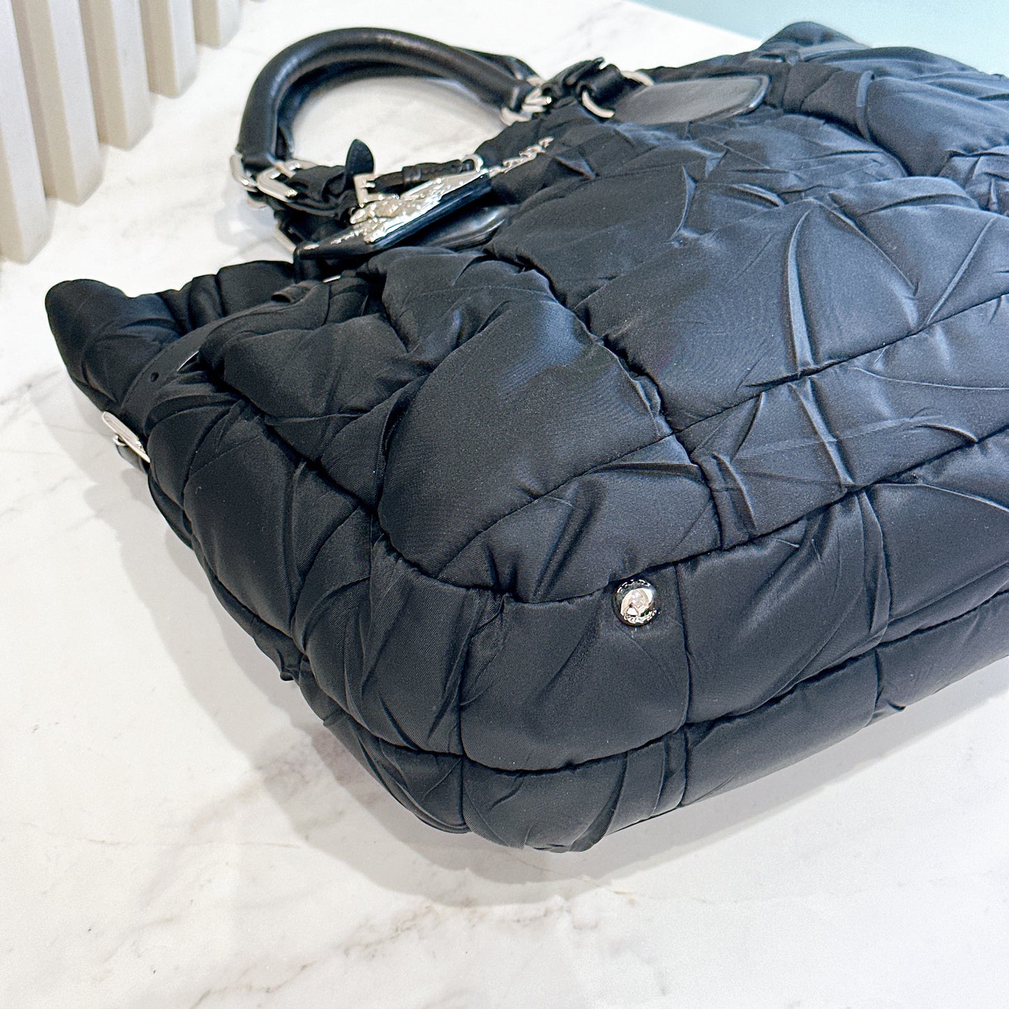 Prada Crispy Nylon Metal Shopping Tote in Black