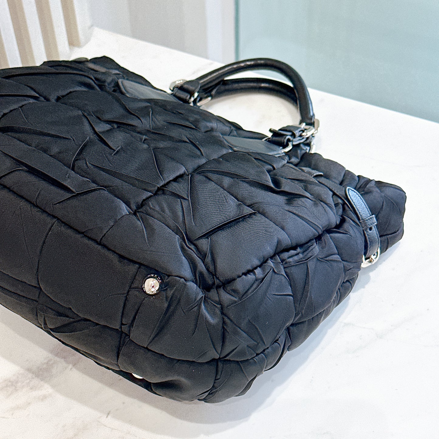 Prada Crispy Nylon Metal Shopping Tote in Black