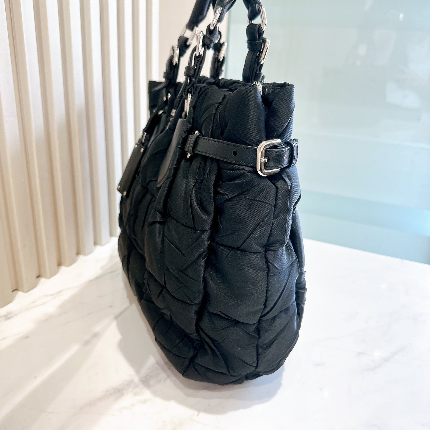 Prada Crispy Nylon Metal Shopping Tote in Black