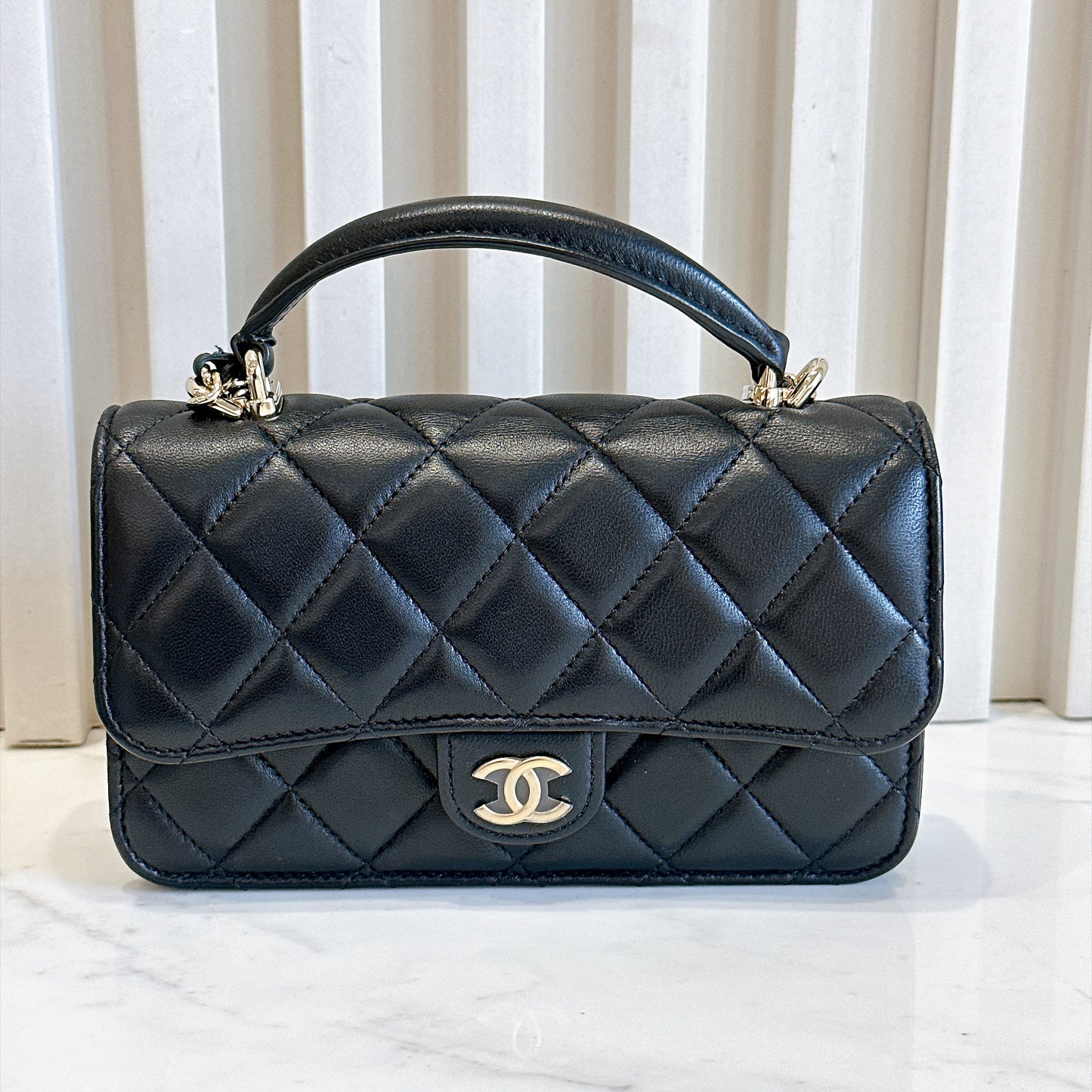 Chanel Top Handle Phone Holder in Black Lambskin