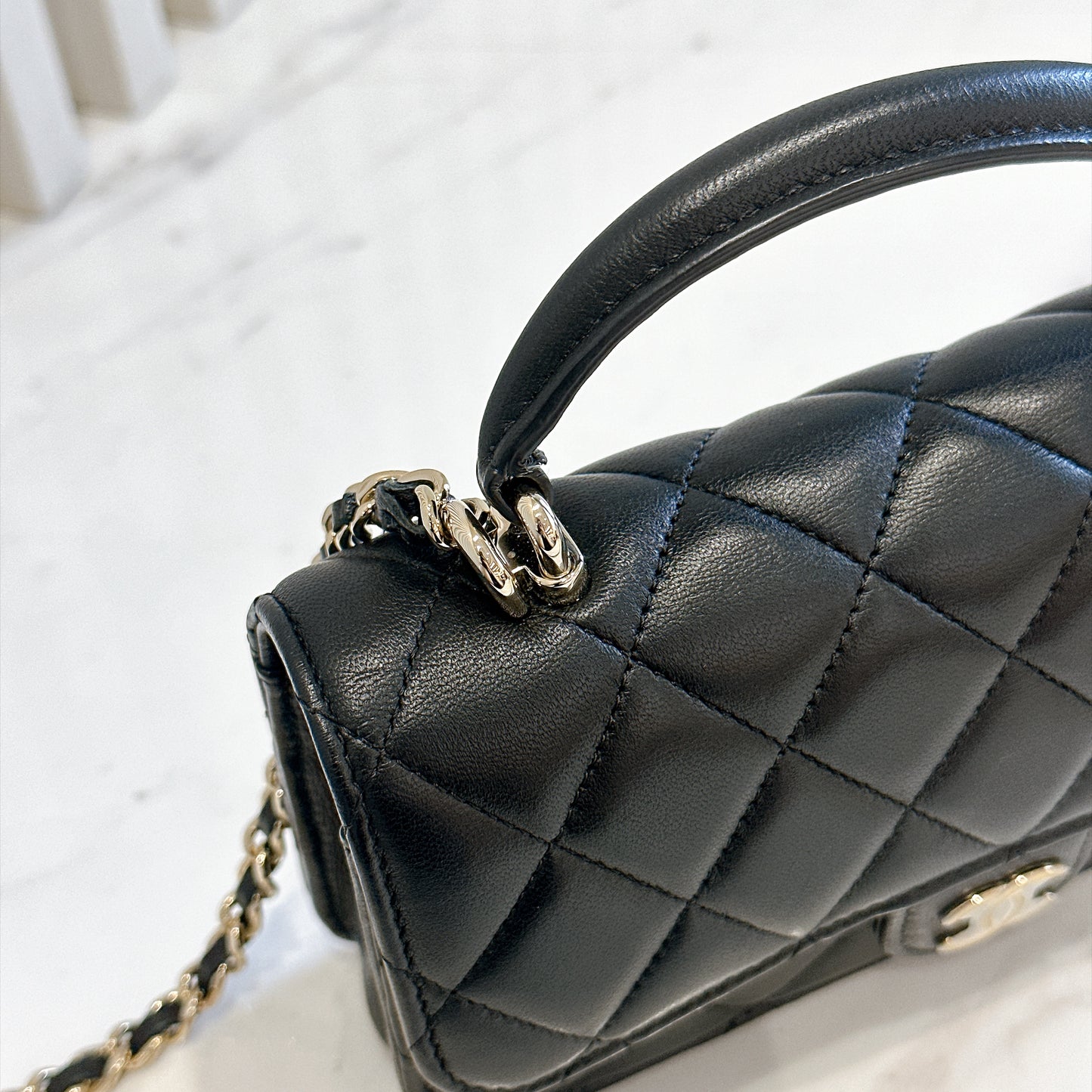 Chanel Top Handle Phone Holder in Black Lambskin